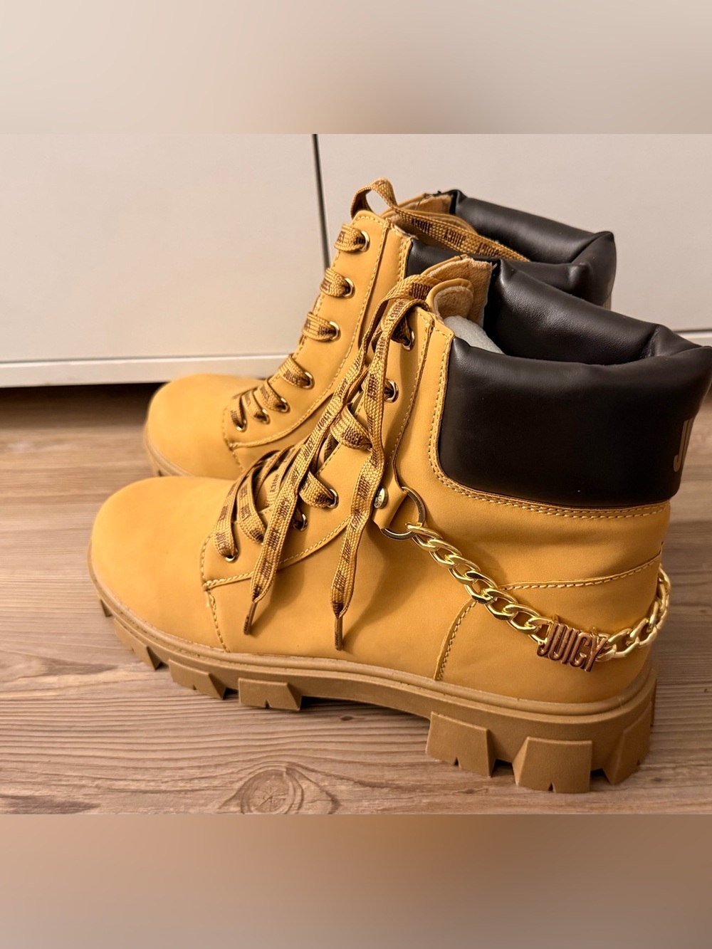 Juicy Couture Wheat Lace-Up Ankle Boots with Gold Chain